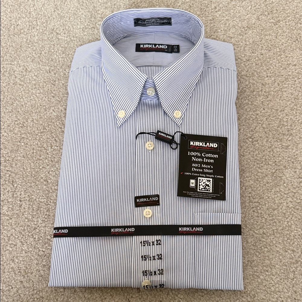 Kirkland Signature Men's White and Blue Pinstripe Dress Shirt